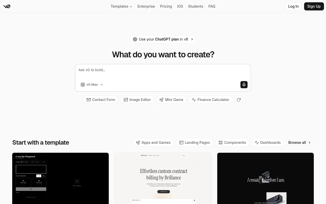 v0 home page: a prompt box for generating UI