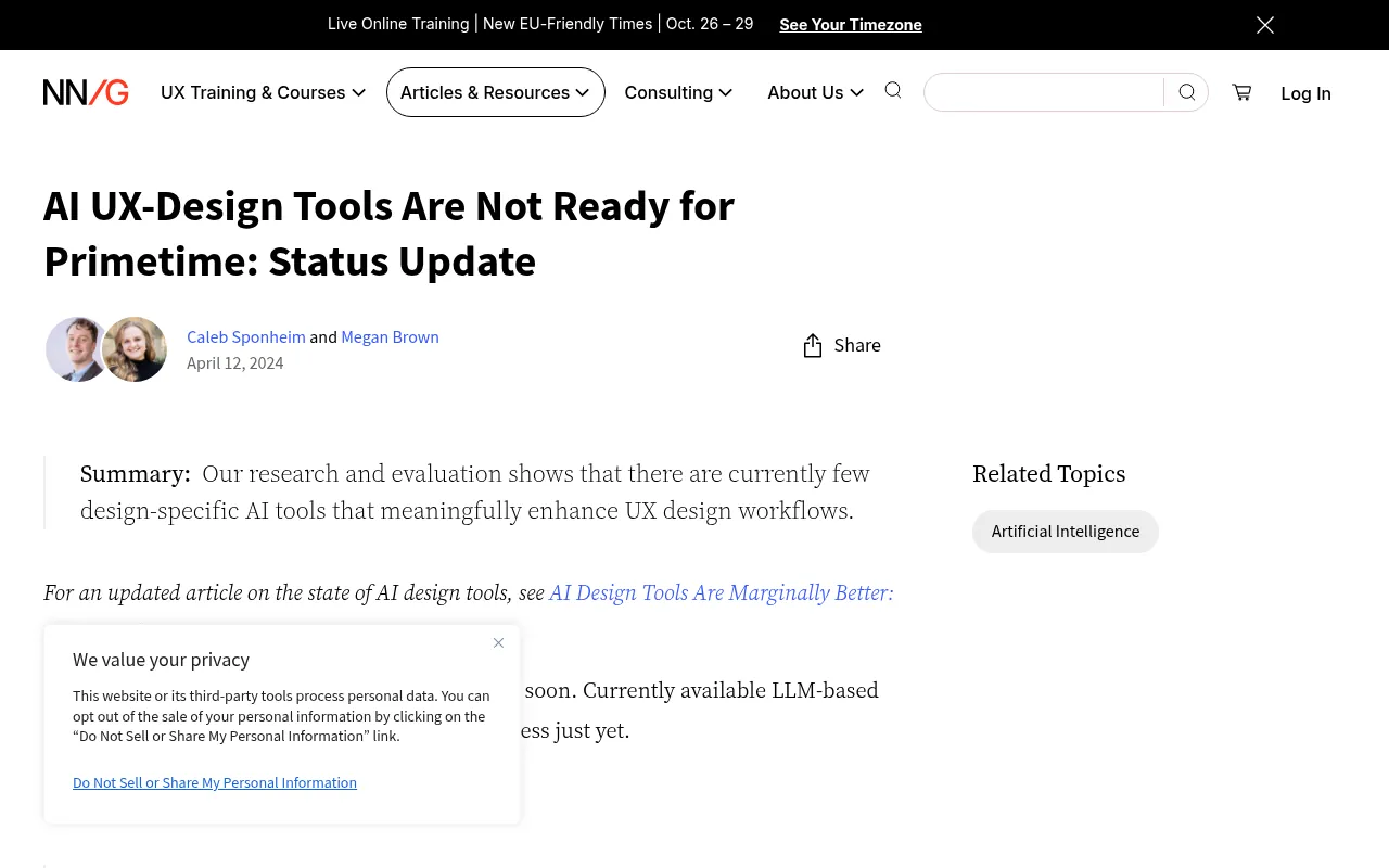 NN/g article on the state of AI UX-design tools