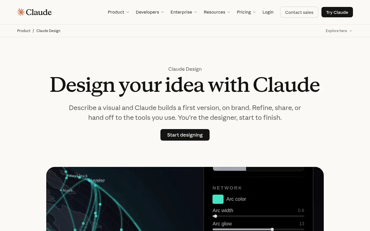 Claude Design product page: design inside every Claude conversation