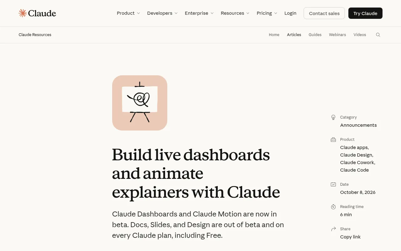 Anthropic announcement: Dashboards and Motion beta, Design out of beta