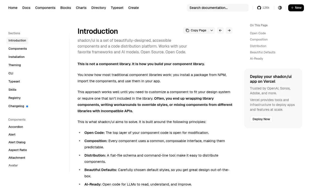 shadcn/ui introduction page