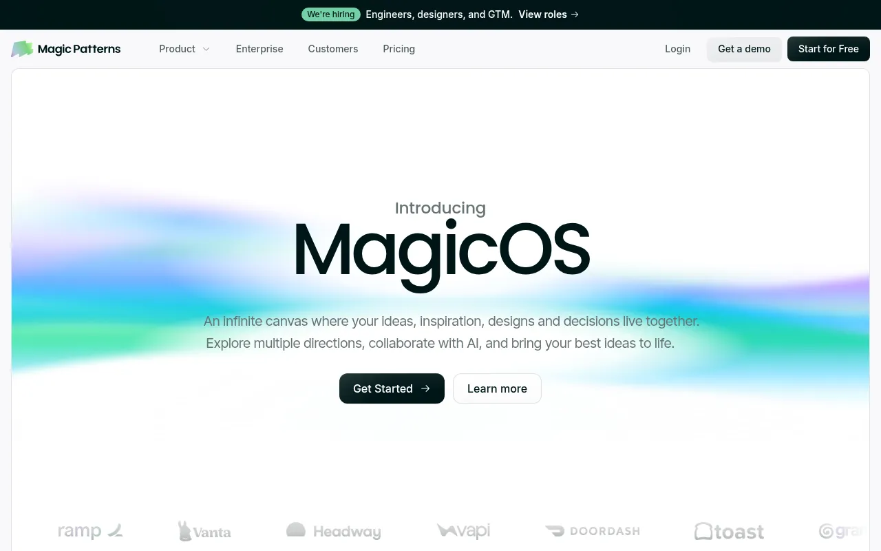 Magic Patterns home page introducing MagicOS