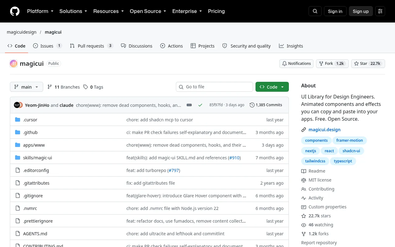 Magic UI repository on GitHub (MIT licence)
