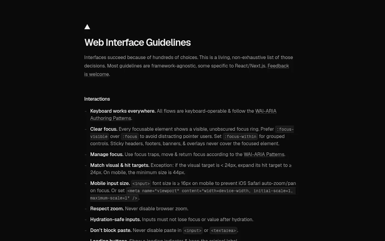 Vercel Web Interface Guidelines page