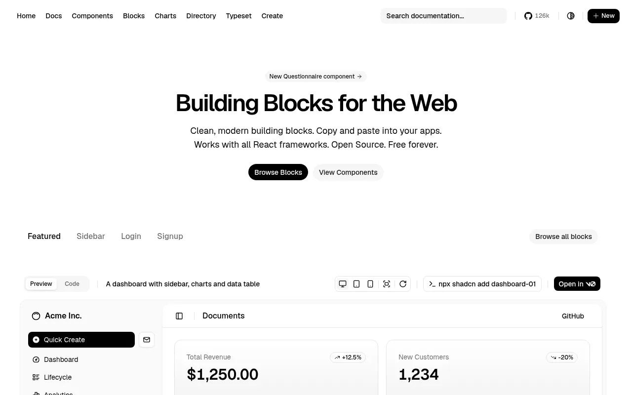 shadcn/ui Blocks page