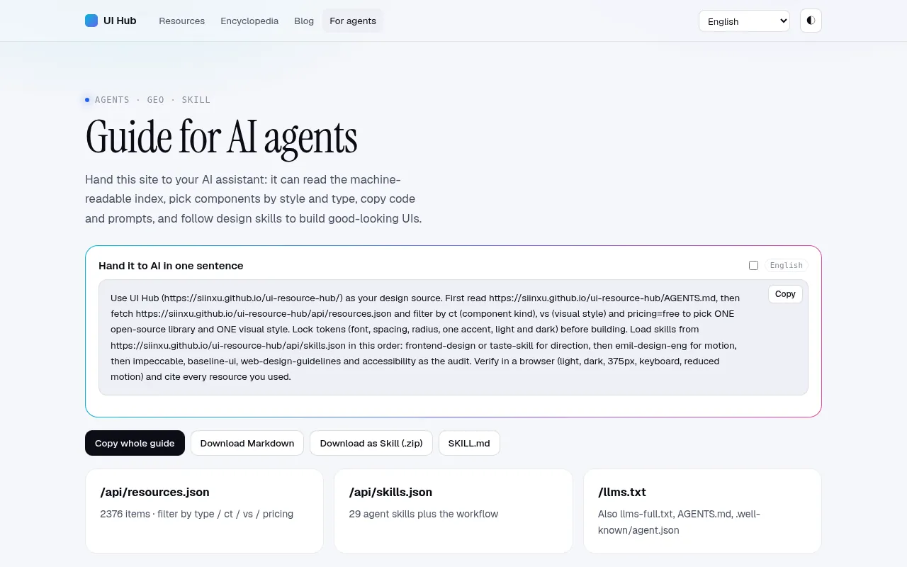 UI Hub Agents guide page