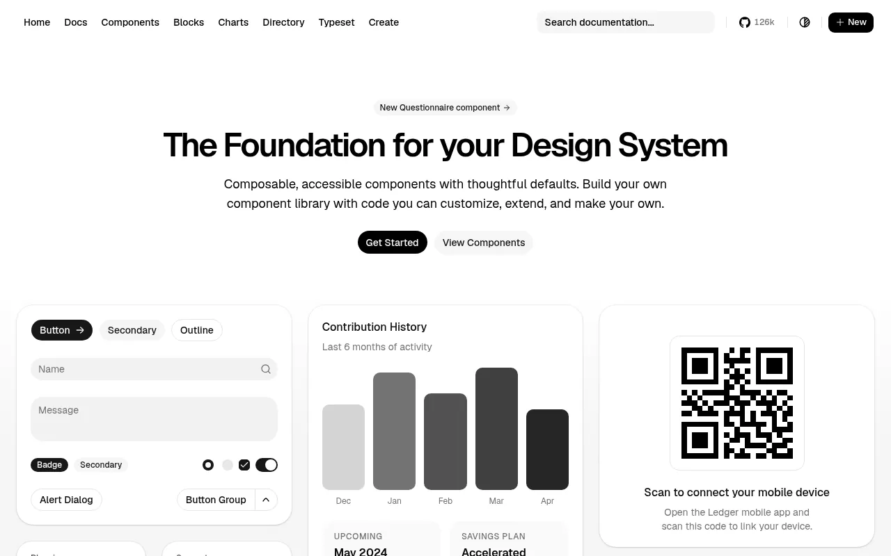 shadcn/ui home page, the component layer v0 builds on